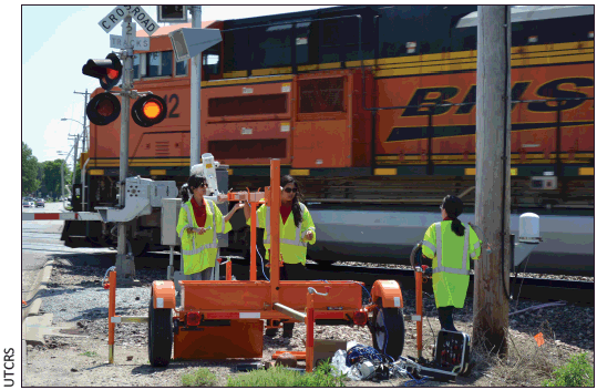 Pictured from left: REU students Gabriela Perales and Cassandra Sias work with Nebraska Transportation Center Ph.D. student, Li Zhao, at a highway rail grade crossing setting up traffic data collection sensors. UTCRS