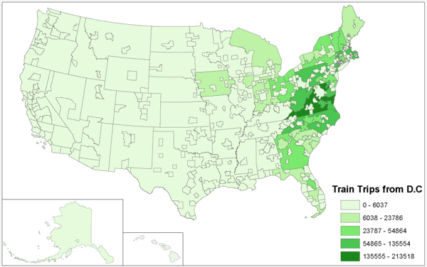 National Travel Demand Analysis Tool: estimated 2010 Train Trips originating from Washington, DC