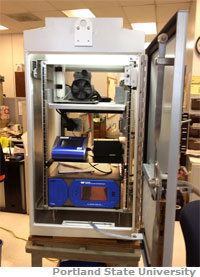 A new air-quality monitoring cabinet awaits installation.