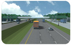 Snap shot of a real time simulation of the relocation of a toll barrier on the New York State Thruway. The image shows a three lane divided highway with an underpass and vehicles. 