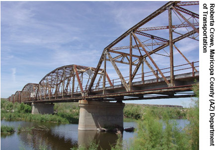 Maricopa County, AZ, combined $1.5 million in Federal-aid funds with $3 million from Arizona Highway User Revenue Funds to rehabilitate the historic Gillespie Dam Bridge, shown here prior to enhancements, over the Gila River. The agency also constructed the Gillespie Dam Bridge Interpretive Plaza. Constructed in 1927, the 13-span steel truss bridge was part of the national “Ocean-to-Ocean Highway” until decommissioned as an Interstate route in 1956. The project was awarded the prestigious Arizona Centennial Legacy Project designation.