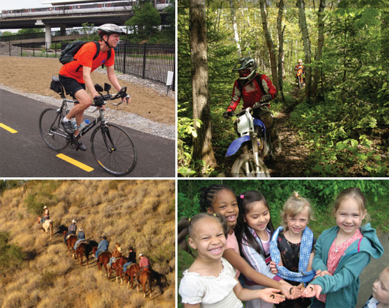 Photo collage of trail activities. Four photos: Top left; bicyclist on a paved trail adjacent to metro, top-right: Hikers on a rocky mountainous trail, bottom-left: equestrians on a trail, bottom-right: children showing with caterpillars in their hands.