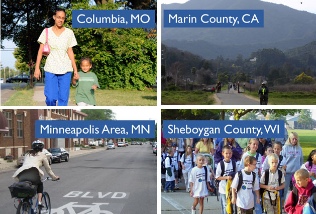 Photo collage: Bicyclists and Pedestrians on paved roadways and trails.