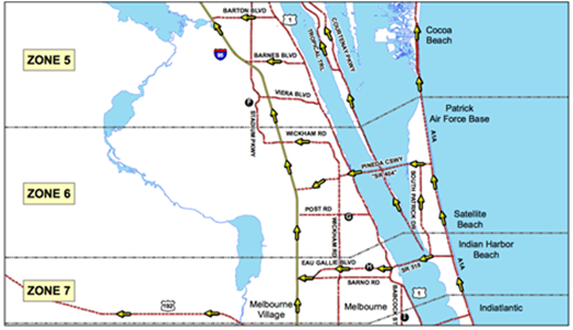 Title: Hurricane Evacuation Routes - Description: This image shows a number of hurricane evacuation routes on the Florida coast south of Cape Canaveral, as a way of illustrating the concept of "critical transportation assets." Most of the routes shown on the map represent the only evacuation routes possible; e.g., a bridge from a peninsula to the mainland.