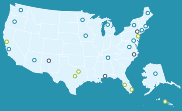 Map of State DOT pilots, MPO pilots, and cooperative projects.  Click for list of cities.