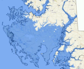 Map of Marylands coastline showing areas that could be flooded out by a storm surge.