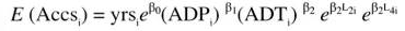 Equation 4. The expected pedestrian crashes at site lowercase I, E of Accs subscript lowercase I, equals the number of years over which crash data was available for site lowercase I, yrs subscript lowercase I, times lowercase E superscript beta 0 times pedestrian volumes at site lowercase I, ADP subscript lowercase I superscript beta 1 times traffic volumes at site lowercase I, ADT subscript lowercase I superscript beta 2, times lowercase E superscript the product of beta 2 times one or two travel lanes at the site, L subscript 2 lowercase I, times lowercase E superscript the product of beta 2 times three or four travel lanes at the site, L subscript 4 lowercase I.