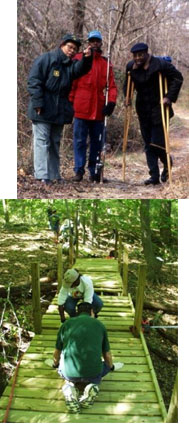Top: Photo of a Park employee giving directions to two hikers. Bottom: Photo of two people working to build a wooden trail bridge.