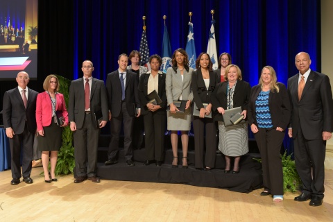 Secretary of Homeland Security Jeh Johnson and Deputy Secretary of Homeland Security Alejandro Mayorkas presented the Secretary’s Meritorious Service Silver Medal for outstanding innovation and collaboration to better secure sensitive information across the Department to Laura Auletta, Shaundra Duggans, Candace Lightfoot, Ellen Murray, Tamara Lilly, Scott Ackiss, Corey Lastinger, Kellie Riley, Kathleen L. Claffie and John Simms, Nov. 3, 2015. The Secretary’s Meritorious Service Silver Medal recognizes exceptional leadership or service distinguished by achievements over time to the U.S. Department of Homeland Security. This award recognizes superior performance through remarkable accomplishments, business improvements, or notable resourcefulness and diligence that significantly improved the effectiveness of the U.S. Department of Homeland Security in one or more program areas. 
