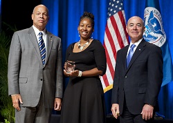 On October 23, 2014 Secretary Jeh Johnson and Deputy Secretary Alejandro Mayorkas awarded the Secretary's Award for Volunteer Service 2014 to Bianca M. Phillips for giving selflessly to improve the lives of others by serving as a volunteer fire fighter in her community.