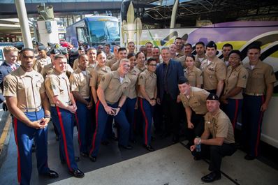 Marines from Marine Corps Support Facility New Orleans and Sailors from Naval Air Station Joint Reserve Base Belle Chasse, Louisiana, had the opportunity to meet actor Gary Sinise during their participation in a Soaring Valor Honor Flight at Louis Armstrong New Orleans International Airport, Oct. 27, 2016. Soaring Valor Honor Flight is a program provided by the Gary Sinise Foundation and gives World War II veterans the opportunity to tour The National WWII Museum and preserve each veteran’s oral history. (U.S. Marine Corps photo by Cpl. Melissa Martens/ Released)   