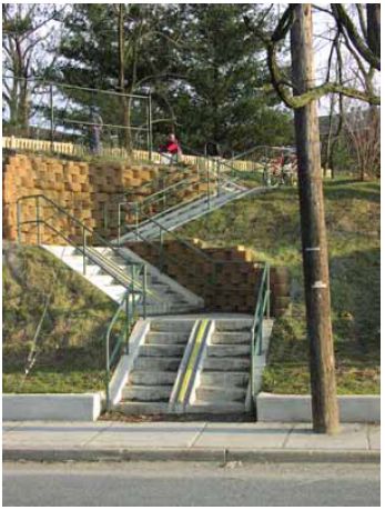 Stairway with bicycle rolling troughs (Capital Crescent Trail, Bethesda, MD).