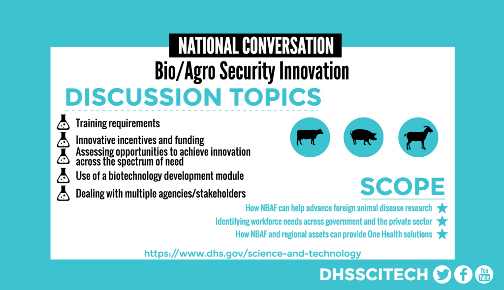 NATIONAL CONVERSATION Bio/Agro Security Innovation DISCUSSION TOPICS Training Requirements Use of a biotechnology development module Innovative incentives and funding Assessing opportunities to achieve innovation across the spectrum of need  Dealing with multiple agencies/stakeholders SCOPE How NBAF can help advance foreign animal disease research Identifying workforce needs across government and the private sector How NBAF and regional assets can provide One Health solutions https://www.dhs.gov/science-and-technology DHSSCITECH on Facebook, Twitter, and YouTube.