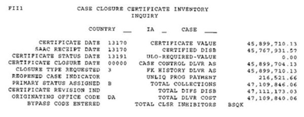 Figure A7.C4.F6. DIFS Case Closure Certificate Inventory Inquiry