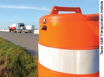 A sensor housed within this orange barrel is part of an end-of-queue warning system that can help prevent crashes in work zones.