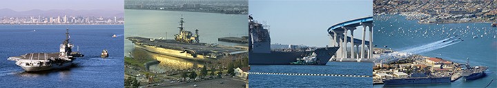 Collage of pictures of Navy ships in the San Diego harbor