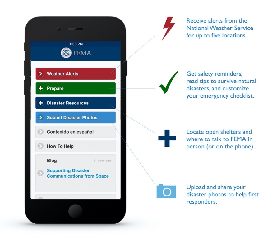  Weather Alerts - Receive alerts from the National Weather Service for up to five locations; Prepare - Get safety reminders, read tips to survive natural disasters, and customize your emergency checklist; Disaster Support - Locate open shelters and where to talk to FEMA in person (or on the phone); and Submit Disaster Photos - Upload and share your disaster photos to help first responders. Additional menu items shown include Contenido en español (Content in Spanish), How to Help, and Blog.”