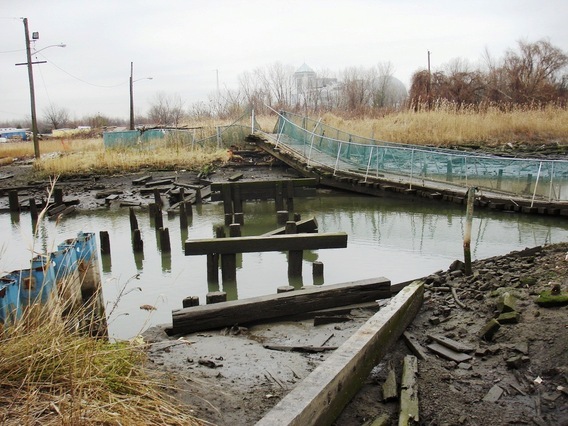 Pilings of the Liberty State Park pedestrian bridge destroyed by Hurricane Sandy.