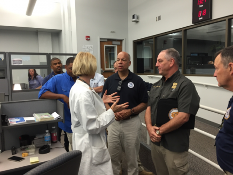 Secretary Johnson is briefed by personnel at the Louisiana Emergency Operations Center