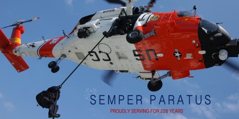 USCG action photo with helicopter rescue Semper Paratus Proudly Serving for 226 Years