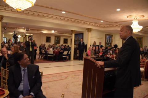 Secretary Johnson at the podium speaking at an iftar dinner