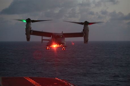 ABOARD USS BONHOMME RICHARD (LHD-6), At Sea (Aug. 24, 2016) – An MV-22B Osprey with Marine Medium Tiltrotor Squadron 262 (Reinforced), 31st Marine Expeditionary Unit, approaches the flight deck of the USS Bonhomme Richard (LHD-6), during normal flight operations at sea, Aug. 24, 2016. The 31st MEU is the Marine Corps’ only continuously forward-deployed Marine Air-Ground Task Force, and is task-organized to address a wide variety of military operations in the Asia-Pacific region – from force projection and maritime security to humanitarian assistance and disaster relief in cooperation with host countries and partner militaries. (U.S. Marine Corps photo by Lance Cpl. Jay A. Parks/ Released)