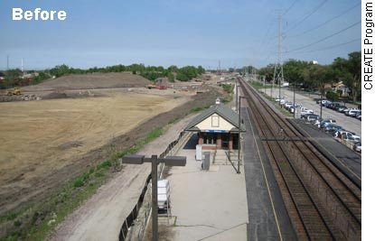 Photo. Before the facility makeover, the Union Pacific Third Mainline- Proviso Yard had a small station shelter next to the two train tracks that pedestrians could only access from the parking lot by crossing the tracks at grade.