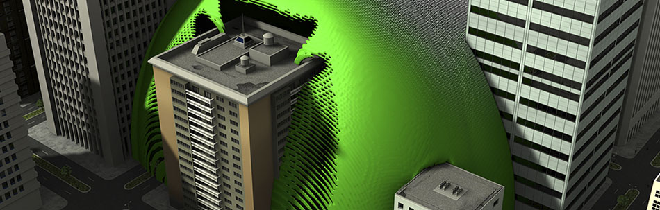 Rendering of simulation - airblast pressure dome surrounding buildings