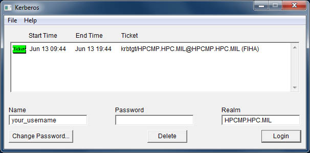 The krb5.exe dialog box showing a ticket.