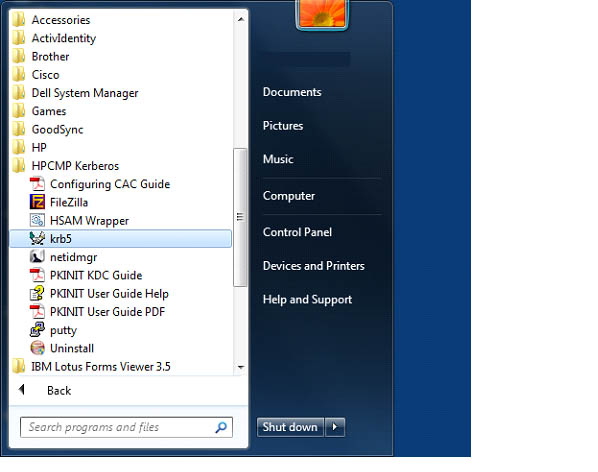 Windows start menu showing the krb5 icon highlighted