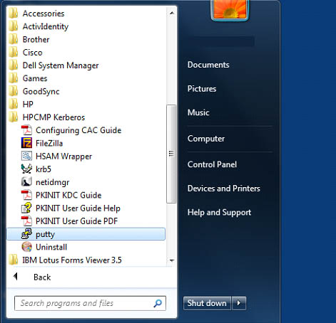 Windows start menu showing the putty icon highlighted