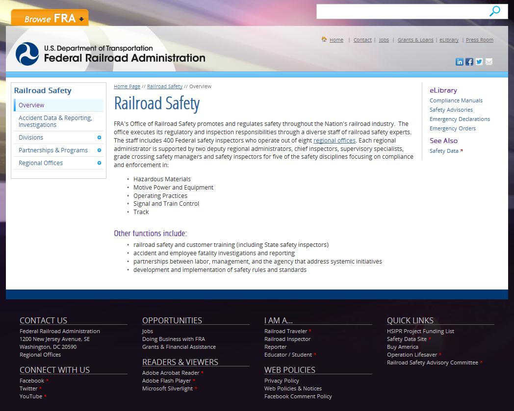 FRA's Website After Redesign: FRA's Railroad Safety page after the redesign, with streamlined menus, less text, and important links easy to find at the bottom of the page.