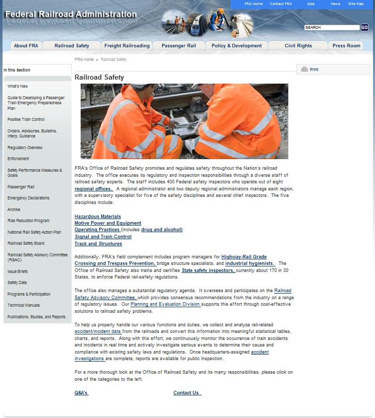 FRA Website Before Resdesign: FRA's Railroad Safety page, with too much text, links buried inside paragraphs, and important links too small to stand out.
