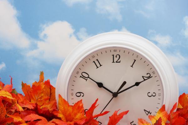 Graphic of a clock amid fallen leaves