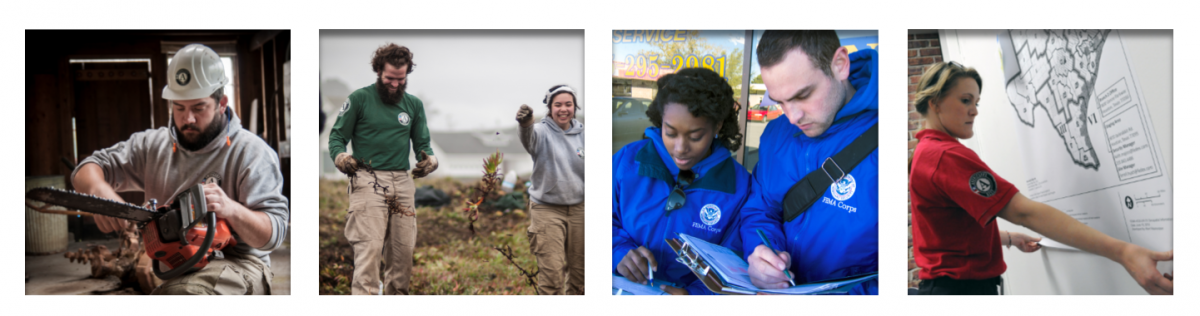 Collection of four NCCC and FEMA Corps members doing work in different areas.