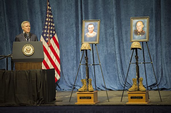 Secretary of the Navy Ray Mabus delivers remarks during the memorial at McKenzie Arena at the University of Tennessee Chattanooga. The event honored the four Marines and one Sailor who died in the Navy Operational Support Center Chattanooga shooting July 16.  U.S. Navy photo by Mass Communication Specialist 2nd Class Justin Wolpert (Released)  150815-N-VC599-264