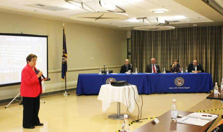 Dr. Linda Spoonster Schwartz, assistant secretary for policy and planning for the Department of Veterans Affairs, addressed the audience during a panel discussion on international and interagency relationships at James A. Haley Veteran’s Hospital in Tampa, Florida, Oct. 27, 2016. (MHS photo)