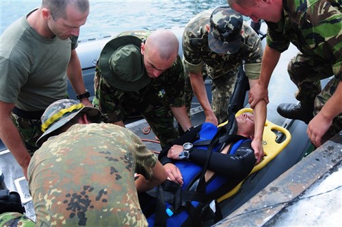 ODESSA, Ukraine - Ukrainian divers take part in first-aid training at the Ukrainian Western Naval Base as part of Exercise Sea Breeze 2012 (SB12). SB12, an annual multinational exercise in the Black Sea, is a combined air, land and maritime exercise designed to improve maritime safety, security and stability in the Black Sea by enhancing the capabilities of Partnership for Peace and Black Sea regional maritime security forces.