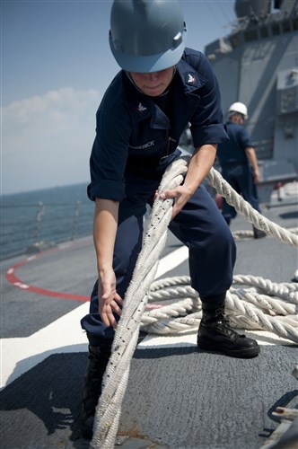BLACK SEA - Cryptologic Technician (Collection) 3rd Class Nicole Roderick makes preparations to anchor while aboard the guided-missile destroyer USS Jason Dunham (DDG 109) during Sea Breeze 2012 (SB12). SB 2012, co-hosted by the Ukrainian and U.S. navies, aims to improve maritime safety, security and stability engagements in the Black Sea by enhancing the capabilities of Partnership for Peace and Black Sea regional maritime security forces.