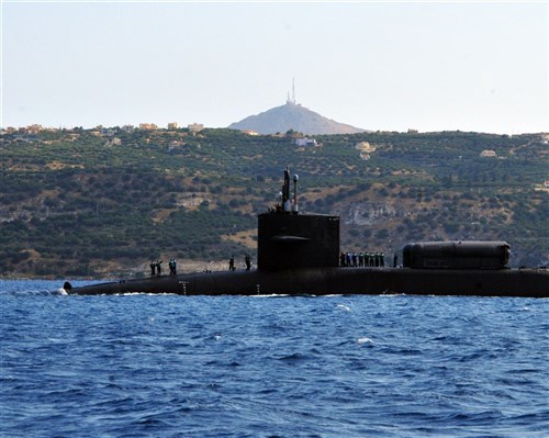 SOUDA BAY, Greece - The Ohio-class guided-missile submarine, USS Florida (SSGN 728), approaches Souda harbor for a port visit on the island of Crete. Florida is homeported in Naval Submarine Base Kings Bay, Ga., and is on a scheduled deployment in the U.S. 6th Fleet area of responsibility.