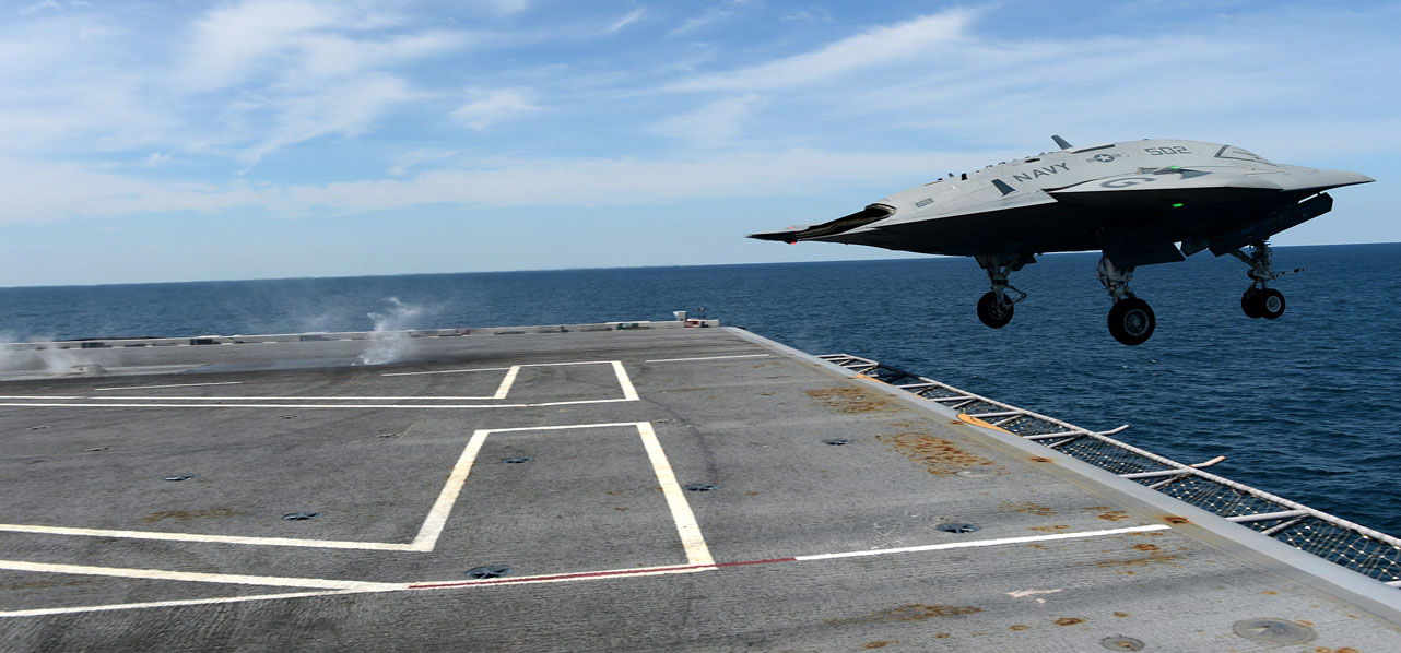 ATLANTIC OCEAN (May 14, 2013) An X-47B Unmanned Combat Air System (UCAS) demonstrator launches from the aircraft carrier USS George H.W. Bush (CVN 77). George H.W. Bush is the first aircraft carrier to successfully catapult launch an unmanned aircraft from its flight deck. (U.S. Navy photo by Mass Communication Specialist 2nd Class Tony D. Curtis/Released)