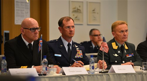 Icelandic Coast Guard Rear Admiral Georg Lárusson, U.S. Air Force Maj. Gen. Randy Kee and Norwegian Army Maj. Gen. Odin Johannessen listen to a presentation during the Arctic Security Forces Roundtable, May 12, 2015 in Reykjavik, Iceland. Kee and Johannessen co-led the conference, while Lárusson led coordination of host nation support. Representatives from 11 nations across Europe and North America met for the ASFR in order to promote regional understanding and enhance multilateral security operations within the Arctic area.