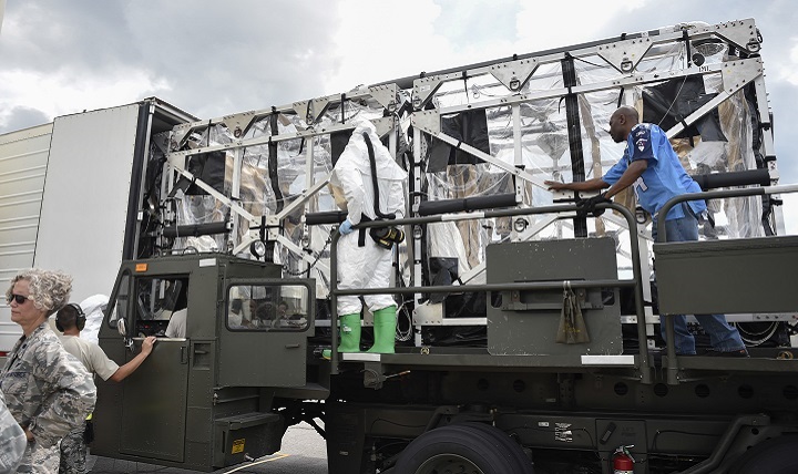 A Transportation Isolation System is loaded into the TIS Hot Air Decontamination System (THADS) at Joint Base Charleston during Exercise Mobility Solace. 