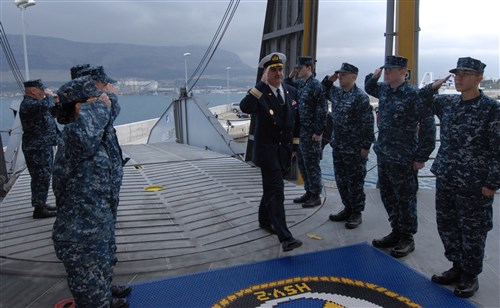 SPLIT, Croatia (Apr. 4, 2012) - Rear Adm. Ante Urlich, the Croatian chief of naval operations, salutes sideboys as he comes aboard High-Speed Vessel (HSV 2) Swift for a tour. Swift is a U.S. Military Sealift Command-chartered high-speed vessel currently deployed to the U.S. 6th Fleet's area of responsibility in support of theater security cooperation efforts. 