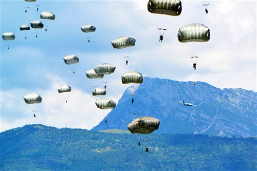 U.S. Army paratroopers assigned to 2nd Battalion, 503rd Infantry Regiment, 173rd Airborne Brigade, conduct an airborne operation from a U.S. Air Force 86th Air Wing C-130 Hercules aircraft at Juliet Drop Zone in Pordenone, Italy, July 26, 2016. The 173rd Airborne Brigade is the U.S. Army Contingency Response Force in Europe, capable of projecting ready forces anywhere in the U.S. European, Africa or Central Commands' areas of responsibility within 18 hours. (U.S. Army Photo by Visual Information Specialist Davide Dalla Massara)
