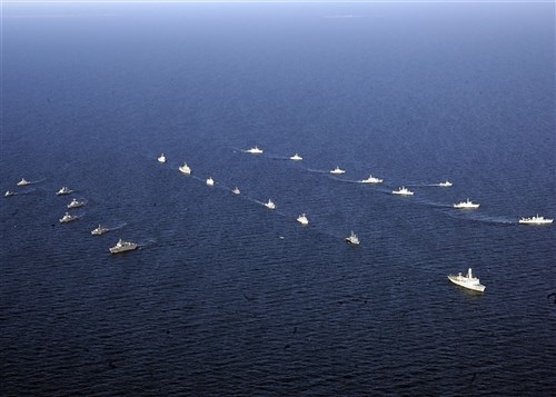 BALTIC SEA &mdash; Mine Countermeasure ships split off from maneuvering in formation during Baltic Operations (BALTOPS) exercise 2009.  Annually hosted by the United States Navy, the exercise aims to improve maritime security in the Baltic Sea through increased interoperability and cooperation among regional allies. (Department of Defense Photo by U.S. Navy)
