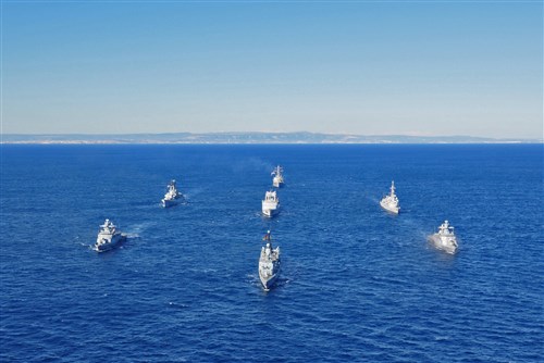 IONIAN SEA - Surface ships sail in formation during Exercise Proud Manta 2013 (POMA 13). POMA 13, the world's largest annual anti-submarine warfare exercise, brings together submarines, surface ships, maritime patrol aircraft and  helicopters from ten NATO nations.