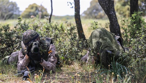 U.S. Army Soldiers, from the 982nd Combat Camera Company (Airborne) and 55th Signal Company (Combat Camera), participate in Operation Skyfall- España, Madrid, Spain, May 8, 2015. Operation Skyfall- España is an exercise initiated and organized by the 982nd Combat Camera Co., and hosted by the Brigada Paracaidista of the Spanish Army.  The exercise is a bilateral subject matter exchange focusing on interoperability of combat camera training and documentation of airborne operations. (U.S. Army Photo by Sgt. Jesus F. Guerrero/Released)