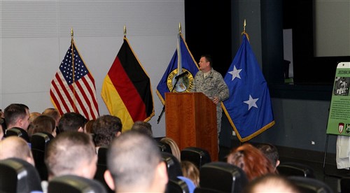 Maj. Gen. Brad Webb, commander, U.S. Special Operations Command Europe, speaks to the audience during the 59th SOCEUR Establishment Day ceremony at the Patch Barracks Theater, Jan. 22, 2014 in Stuttgart, Germany. Establishment Day is an annual ceremony hosted by SOCEUR to celebrate its inception and history.

