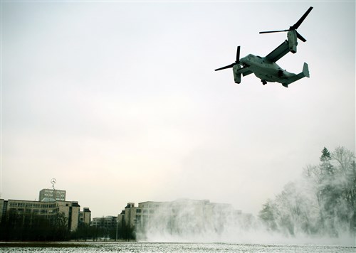 An MV-22B Osprey from Marine Tiltrotor Squadron 266 (Reinforced), 26th Marine Expeditionary Unit, II Marine Expeditionary Force, lands on Kelly Field during a demonstration at Kelly Barracks, March 28. U.S. Marine Corps Forces Europe, U.S. Marine Corps Forces Africa, in coordination with U.S. European Command, U.S. Africa Command, and U.S. Army Garrison Stuttgart received “hands-on” experience with the MV-22B Osprey during a capabilities exercise on Patch Barracks, Kelly Barracks, and Stuttgart Army Airfield, that helped to familiarize the combatant commands with the possibilities and new abilities the aircraft could provide throughout their respective area of reach. The three MV-22 Osprey crews flew 1400 nautical miles from the Atlantic Ocean, without having to land to refuel, before arriving two days earlier. The MV-22 Osprey possess twice the speed, can fly twice as high, carry three times the payload, and travels five times the distance of other legacy, medium-lift helicopters.